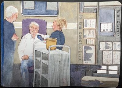 Welcome to the Chest Clinic June 2024 by Cynthia Barlow Marrs SGFA, Drawing, Ink and watercolour in A6 sketchbook